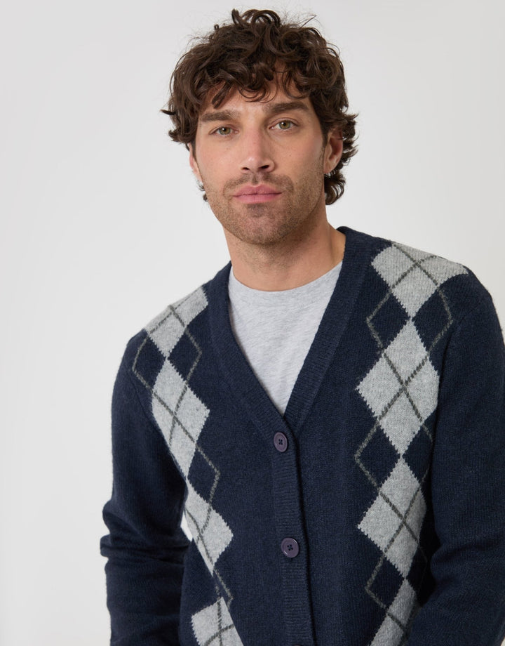 Argyle V Neck Cardigan in Navy