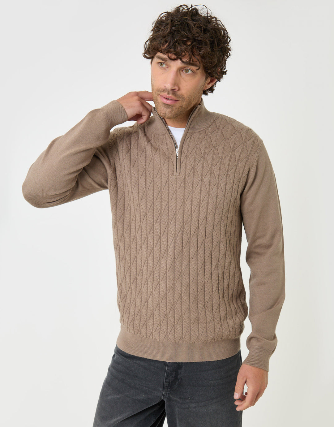 Threadbare Diamond Cable Knit Quarter Zip Jumper in Taupe - front view