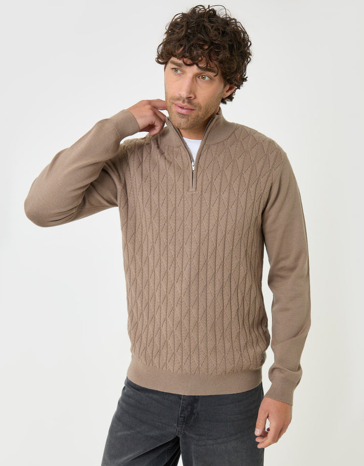Threadbare Diamond Cable Knit Quarter Zip Jumper in Taupe - front view