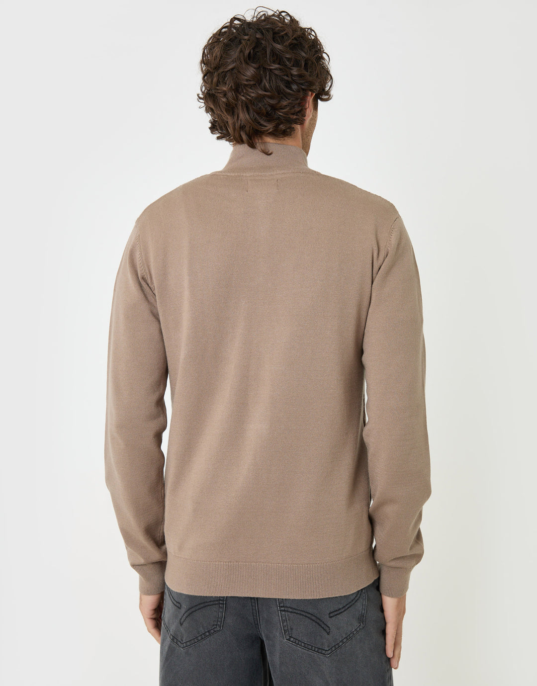Threadbare Diamond Cable Knit Quarter Zip Jumper in Taupe - back view