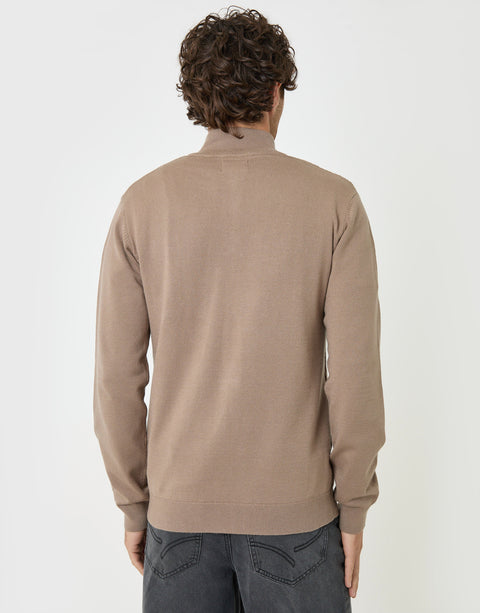 Threadbare Diamond Cable Knit Quarter Zip Jumper in Taupe - back view
