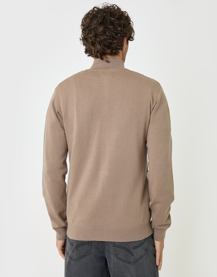 Threadbare Diamond Cable Knit Quarter Zip Jumper in Taupe - back view