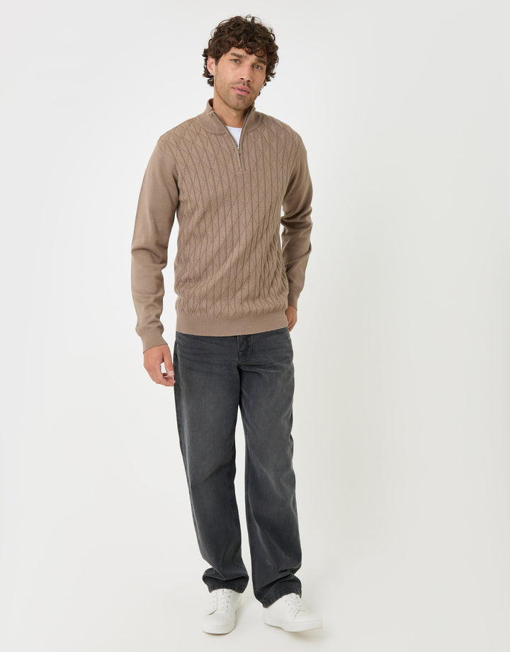 Threadbare Diamond Cable Knit Quarter Zip Jumper in Taupe - full body