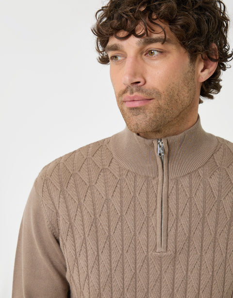 Threadbare Diamond Cable Knit Quarter Zip Jumper in Taupe - close up