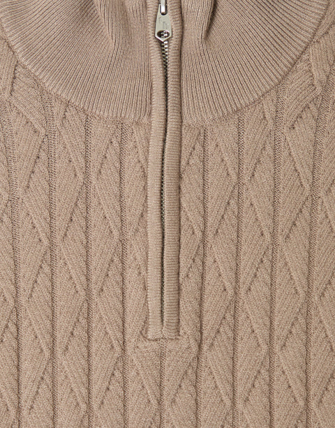Threadbare Diamond Cable Knit Quarter Zip Jumper in Taupe - detail