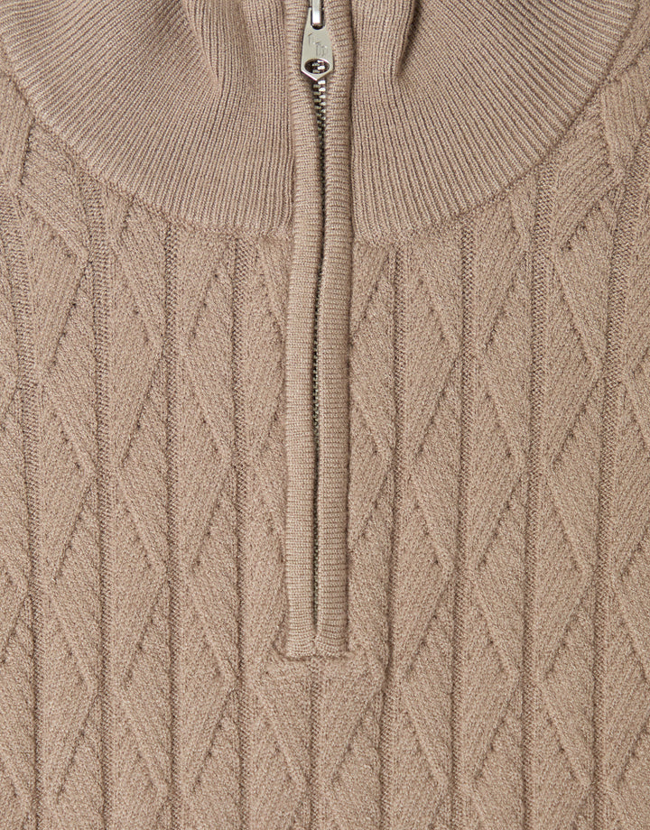 Threadbare Diamond Cable Knit Quarter Zip Jumper in Taupe - detail