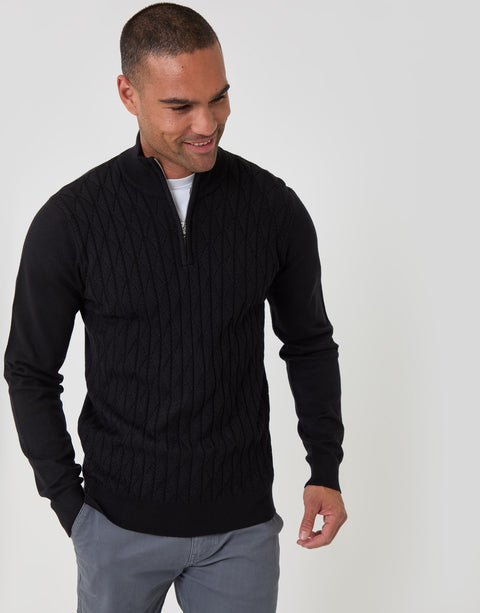 Threadbare Diamond Cable Knit Quarter Zip Jumper in Black - front view