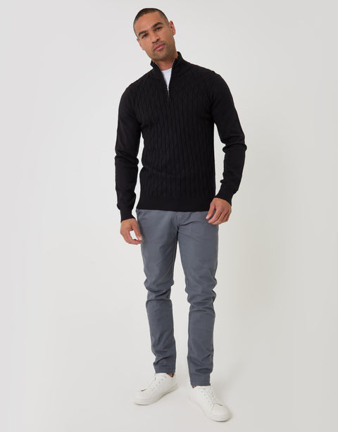 Threadbare Diamond Cable Knit Quarter Zip Jumper in Black - full body