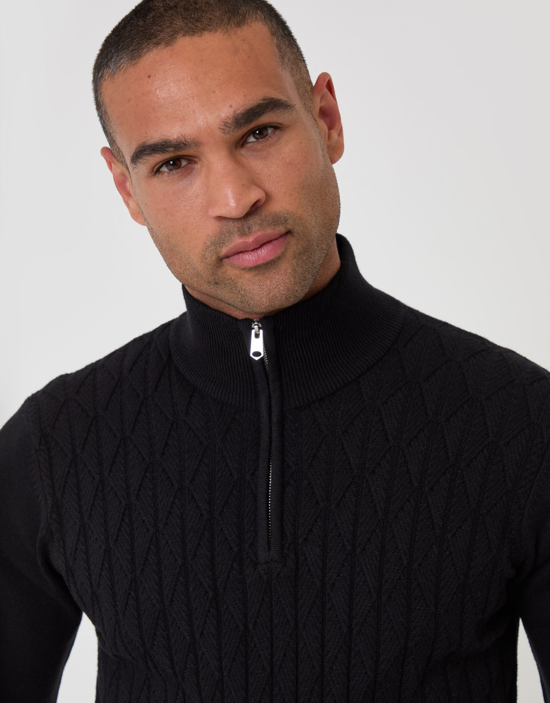 Threadbare Diamond Cable Knit Quarter Zip Jumper in Black - close up