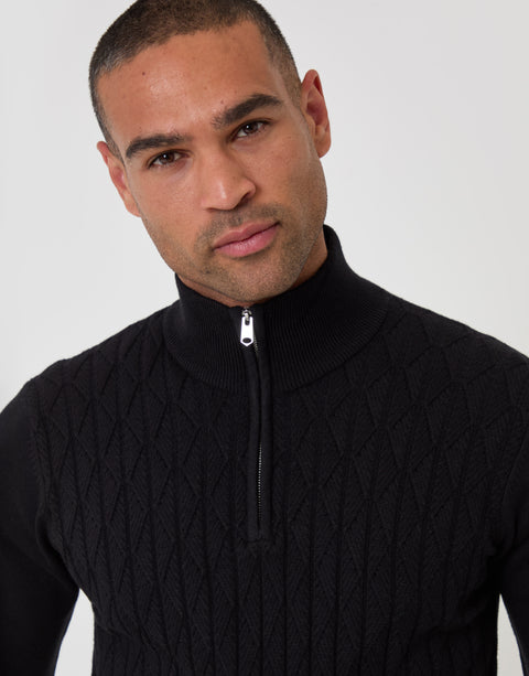 Threadbare Diamond Cable Knit Quarter Zip Jumper in Black - close up