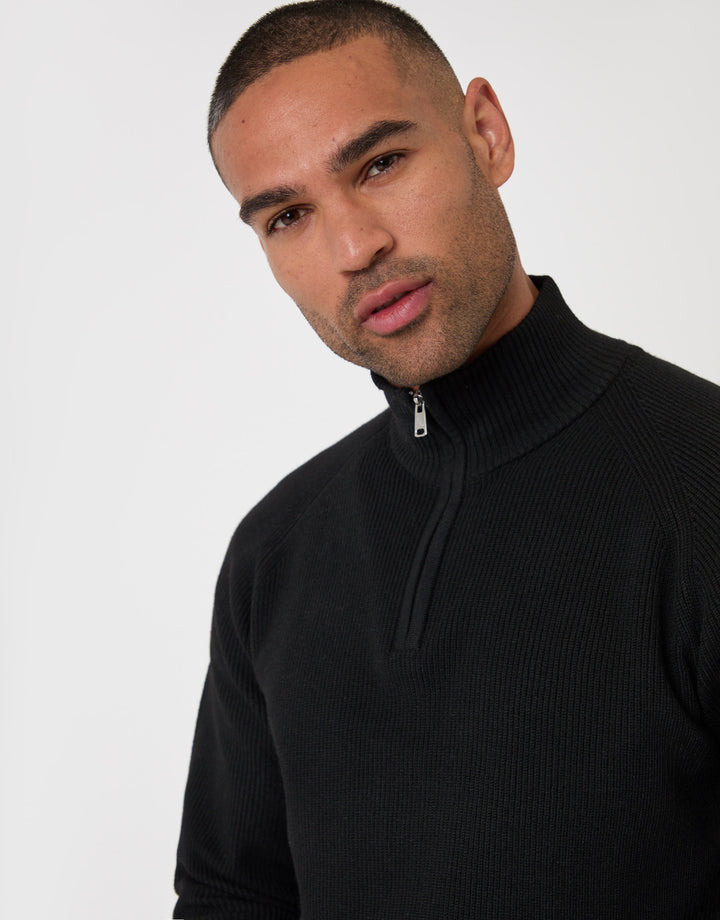 Threadbare Funnel Neck Quarter Zip Jumper in Black - close up