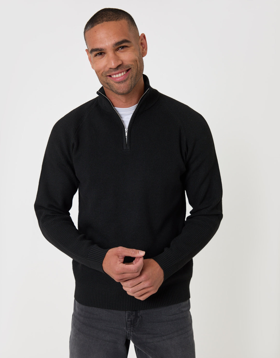 Threadbare Funnel Neck Quarter Zip Jumper in Black - front view