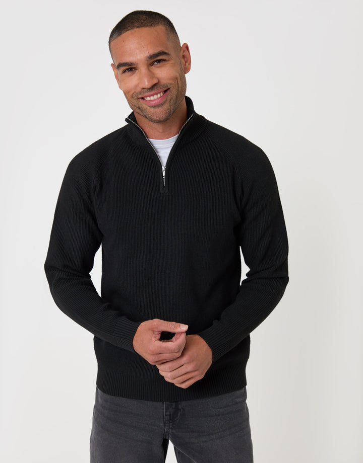 Threadbare Funnel Neck Quarter Zip Jumper in Black - front view