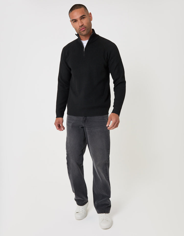 Threadbare Funnel Neck Quarter Zip Jumper in Black - full body