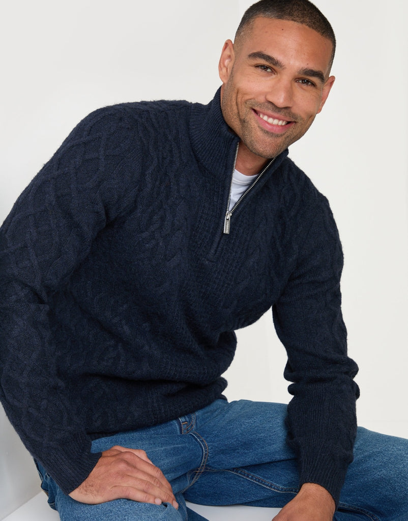 Threadbare Men's Cable Knit Quarter Zip Jumper in Navy