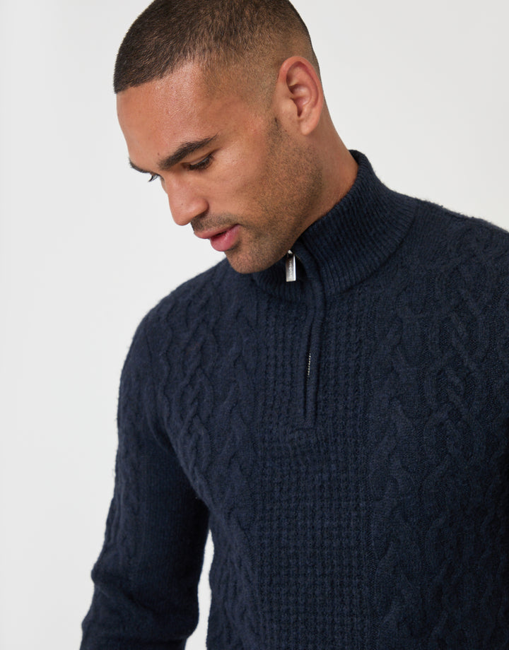 Threadbare Cable Knit Quarter Zip Jumper in Navy - front view