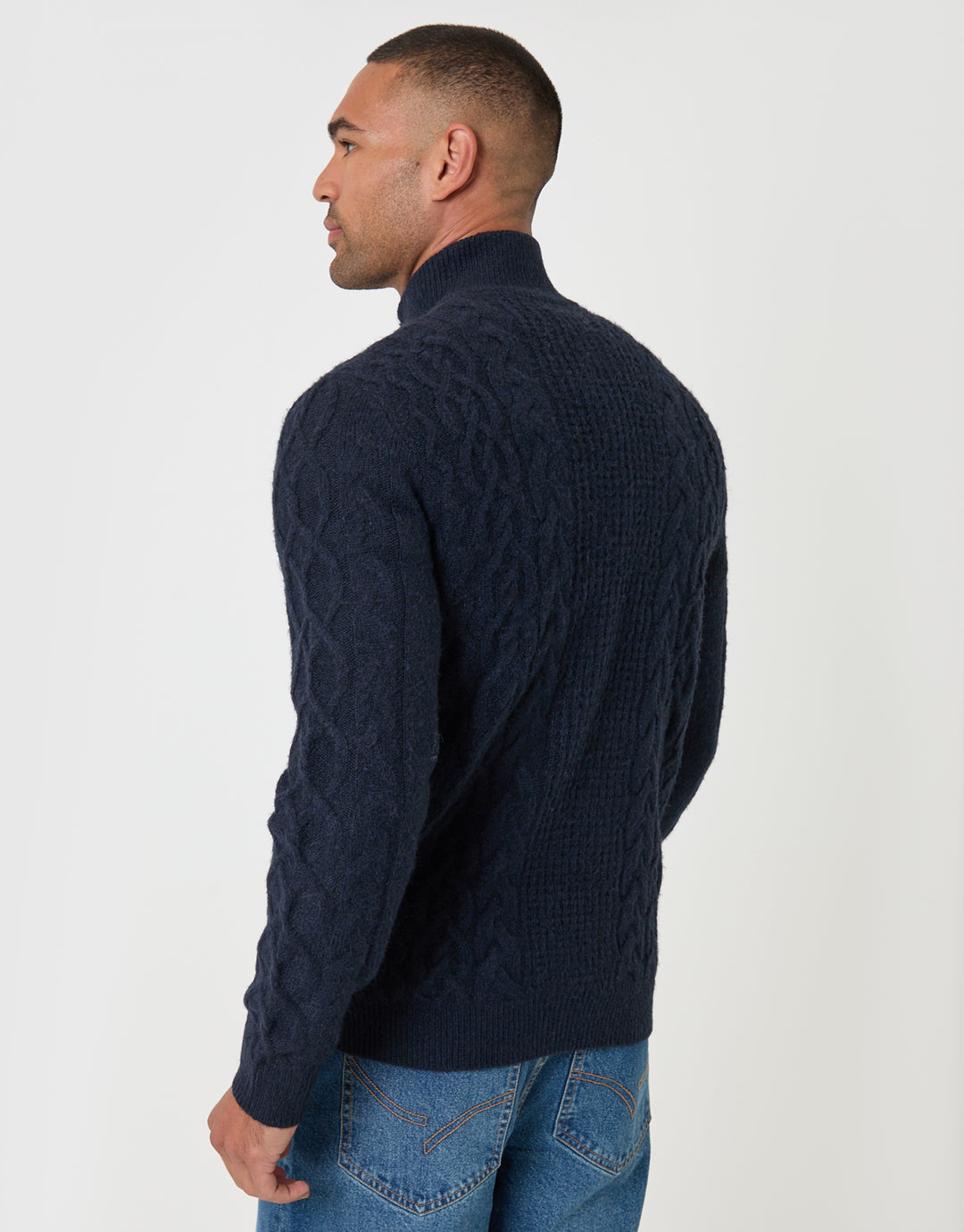 Threadbare Cable Knit Quarter Zip Jumper in Navy - back view
