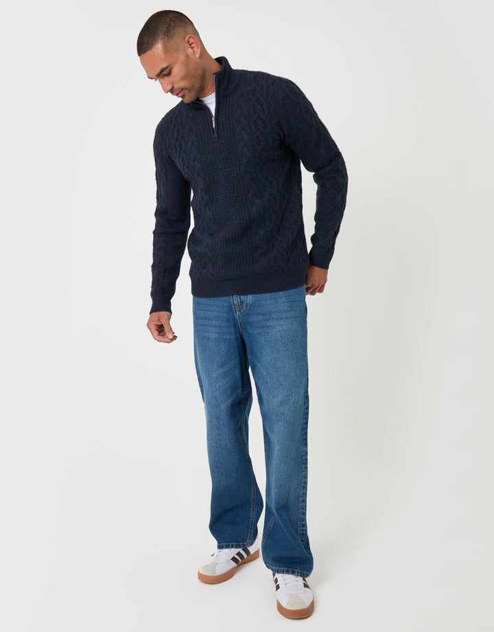 Threadbare Cable Knit Quarter Zip Jumper in Navy - full body