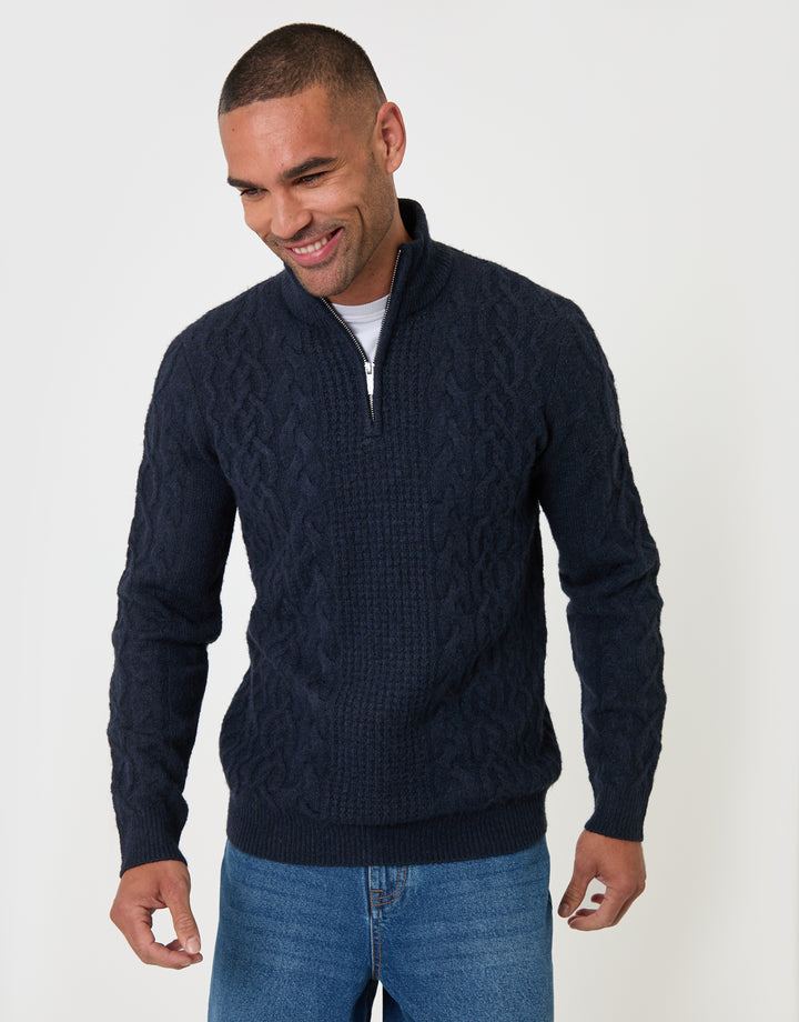 Threadbare Cable Knit Quarter Zip Jumper in Navy - front view