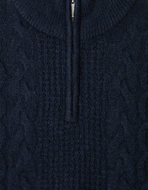 Threadbare Cable Knit Quarter Zip Jumper in Navy - zip detail