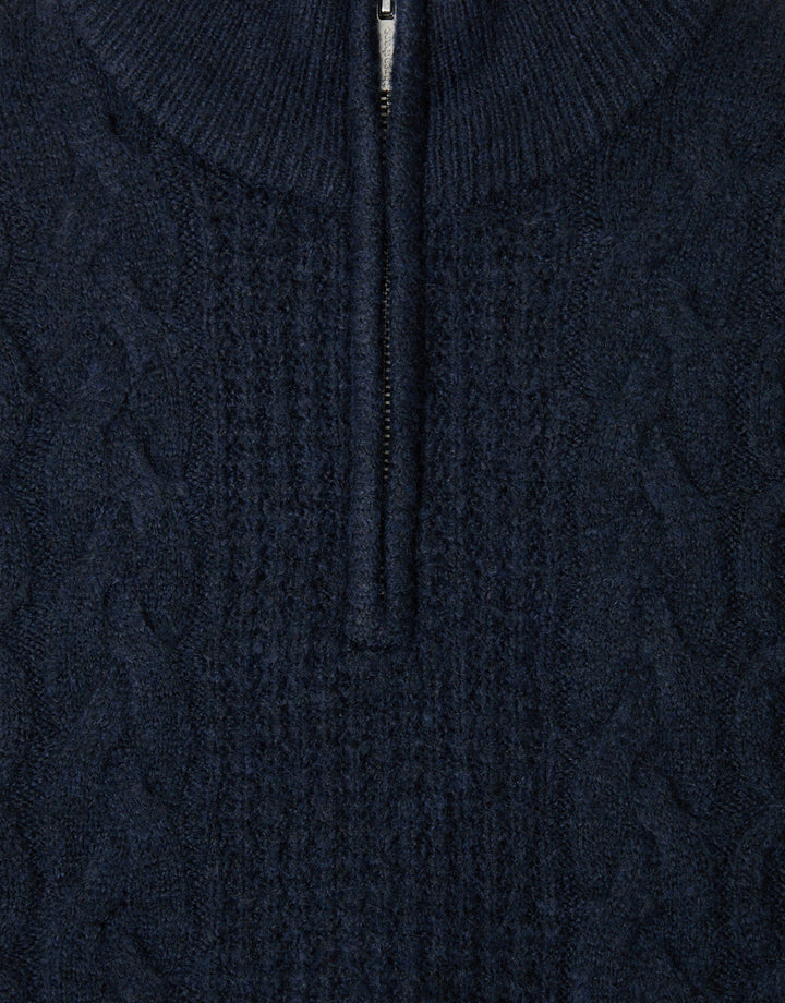 Threadbare Cable Knit Quarter Zip Jumper in Navy - zip detail