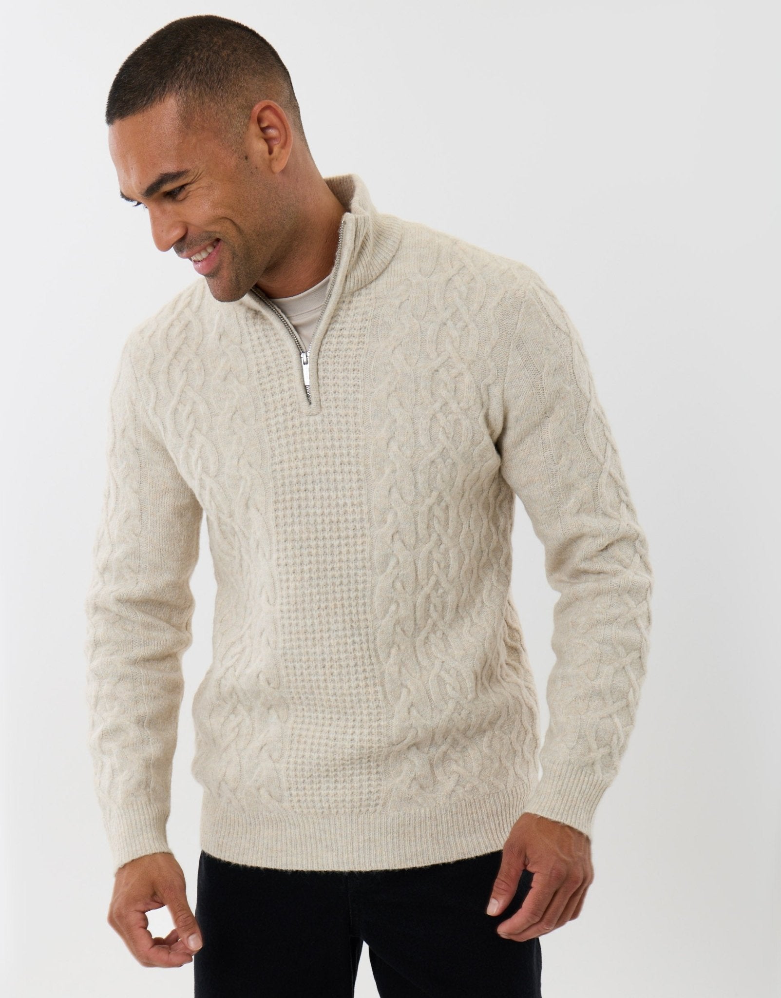 Threadbare Men's Cable Knit Quarter Zip Jumper in Cream