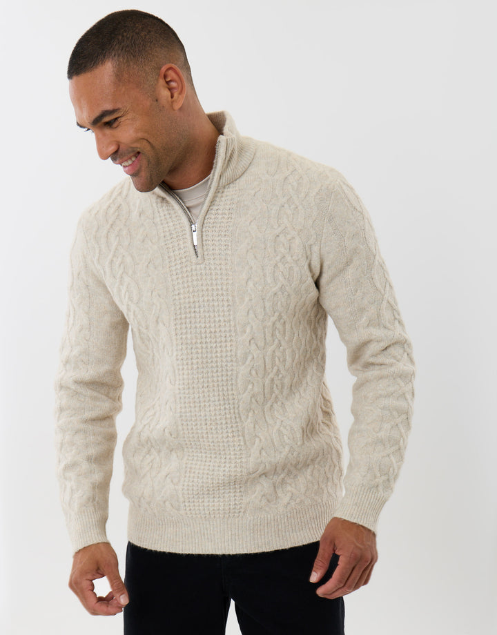 Threadbare Cable Knit Quarter Zip Jumper in Cream - front view