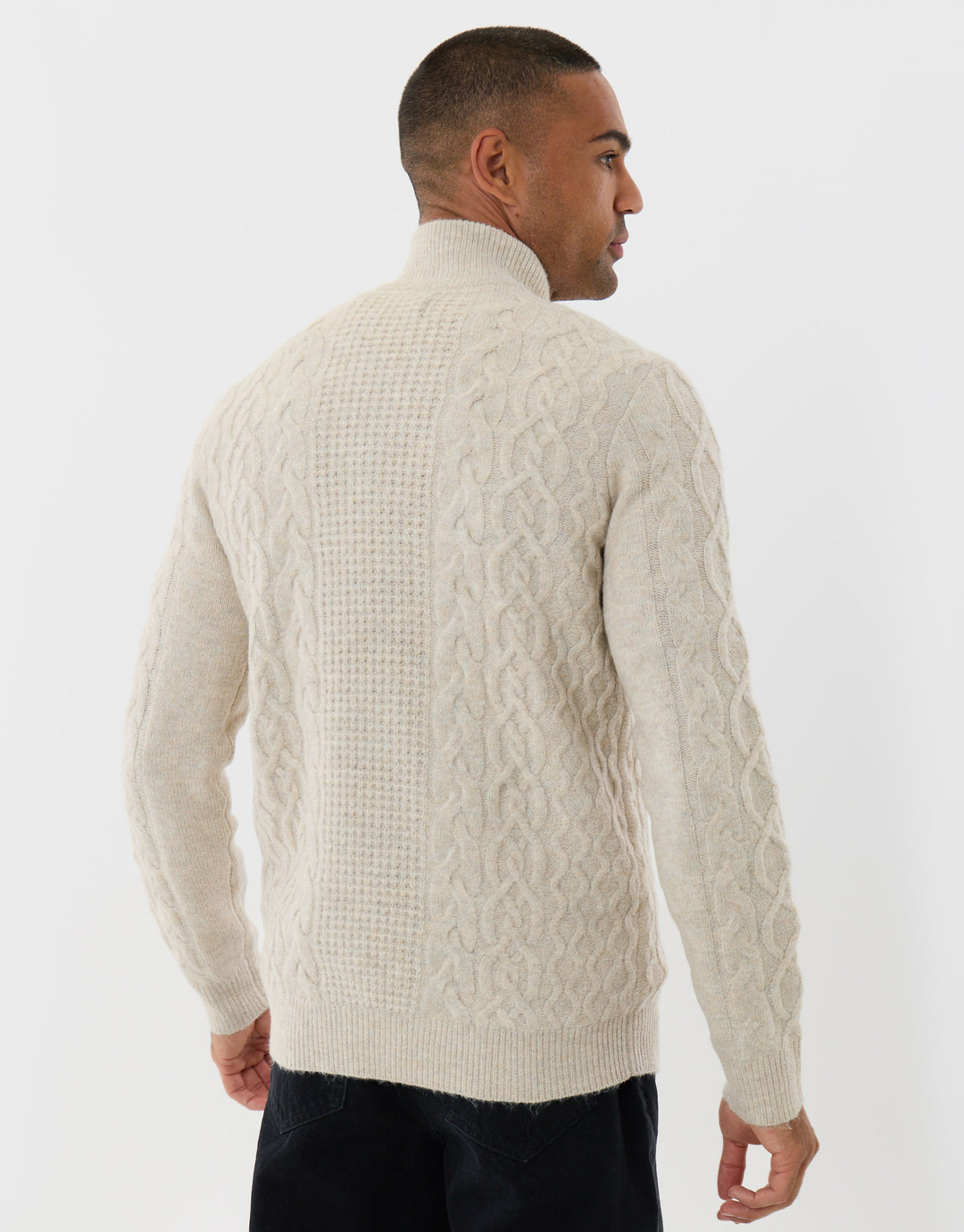 Threadbare Cable Knit Quarter Zip Jumper in Cream - back view