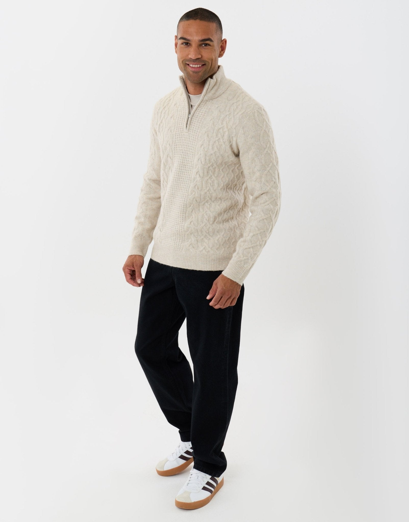 Threadbare Men's Cable Knit Quarter Zip Jumper in Cream – Threadbare