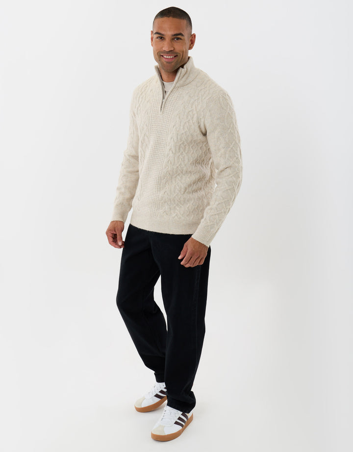 Threadbare Cable Knit Quarter Zip Jumper in Cream - full body