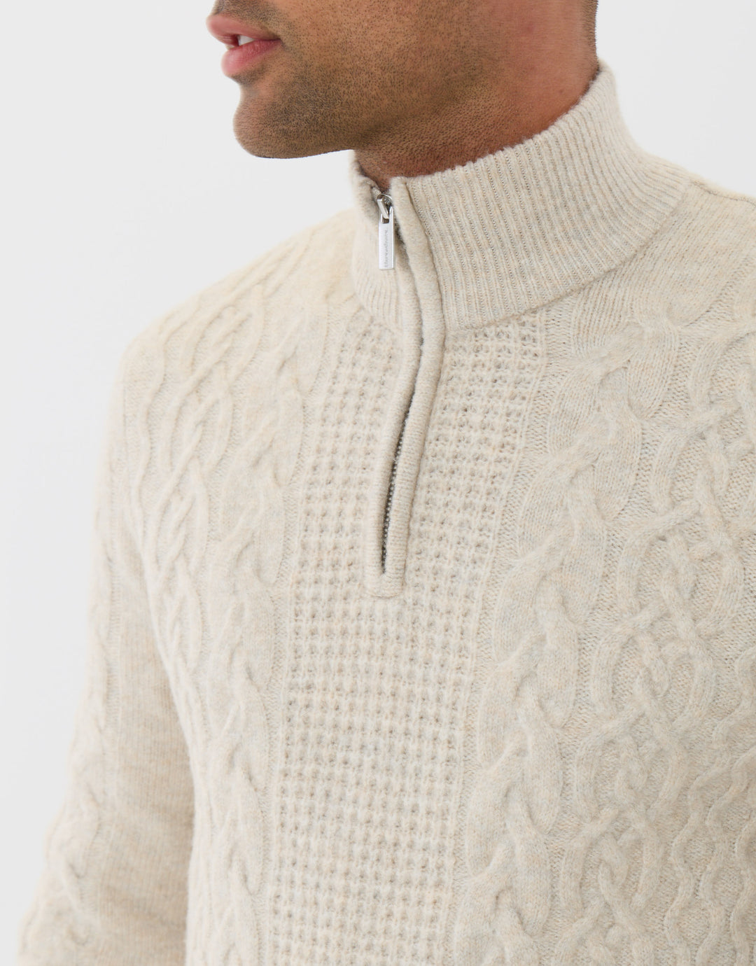 Threadbare Cable Knit Quarter Zip Jumper in Cream - close up