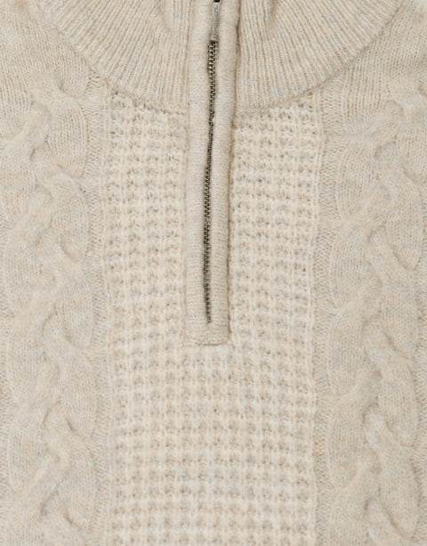 Threadbare Cable Knit Quarter Zip Jumper in Cream - detail