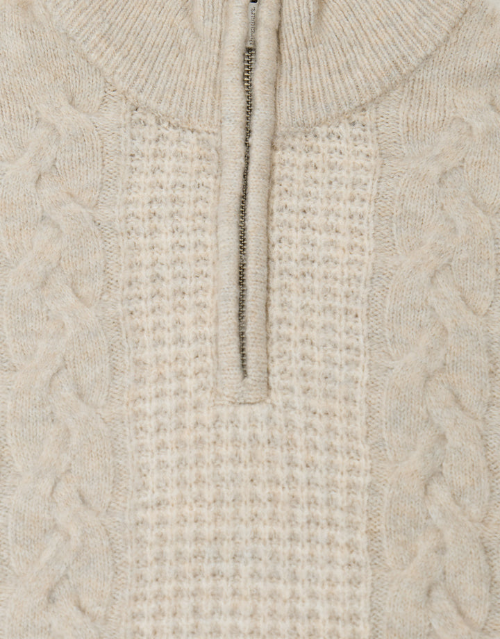 Threadbare Cable Knit Quarter Zip Jumper in Cream - detail