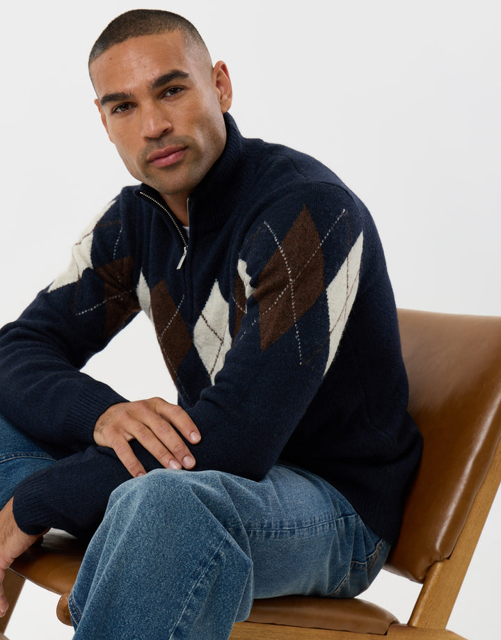 Arqyle Wool Blend Quarter Zip Jumper in Navy