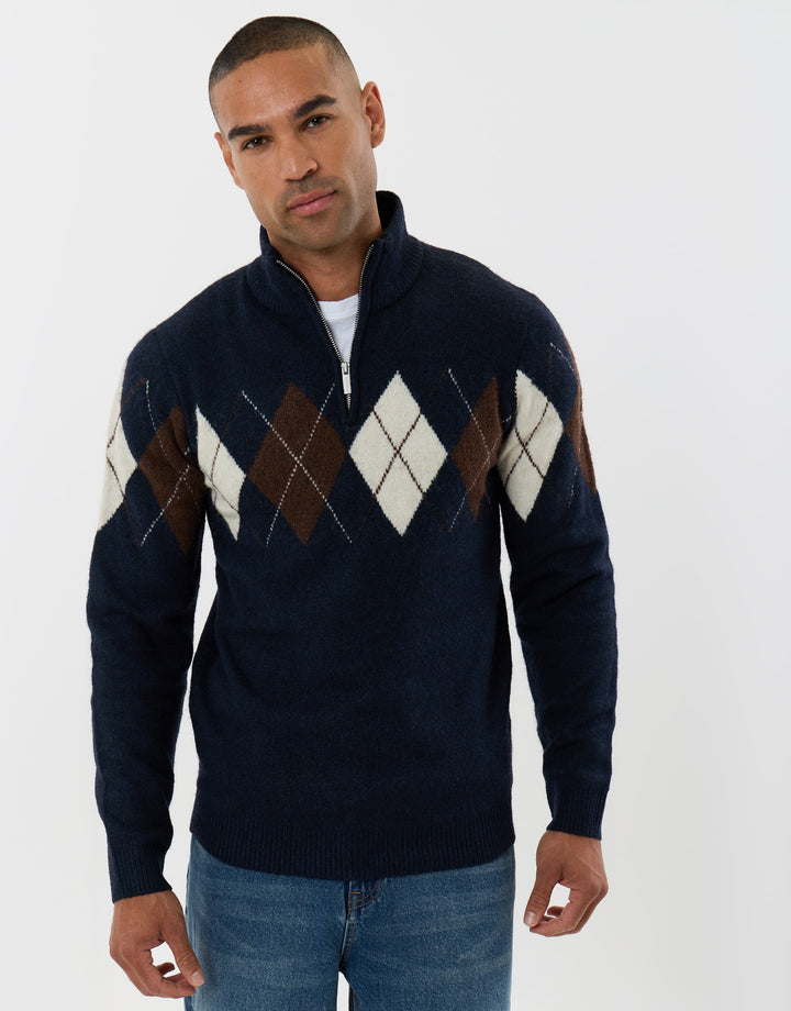 Arqyle Wool Blend Quarter Zip Jumper in Navy
