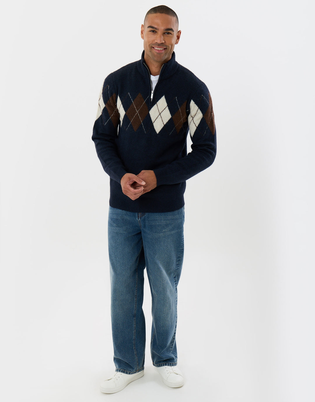 Arqyle Wool Blend Quarter Zip Jumper in Navy