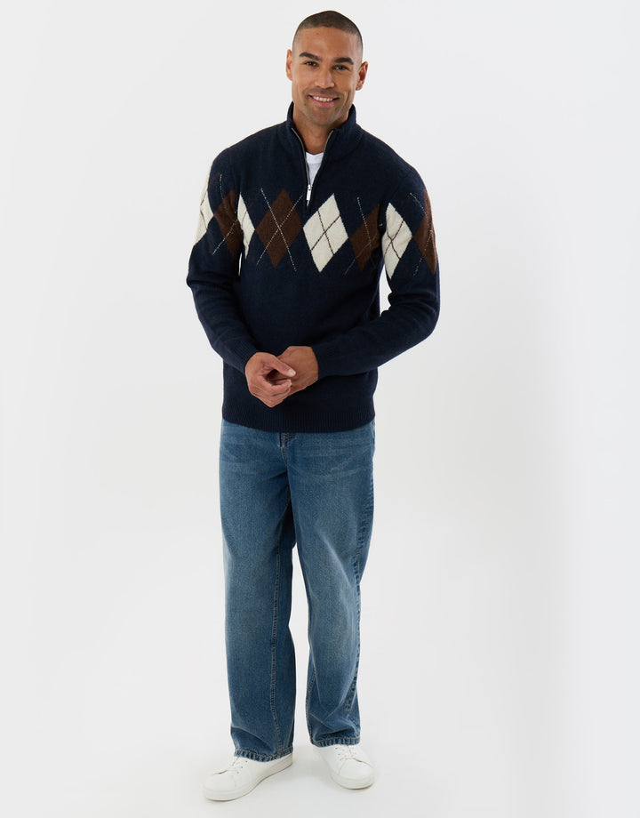 Arqyle Wool Blend Quarter Zip Jumper in Navy