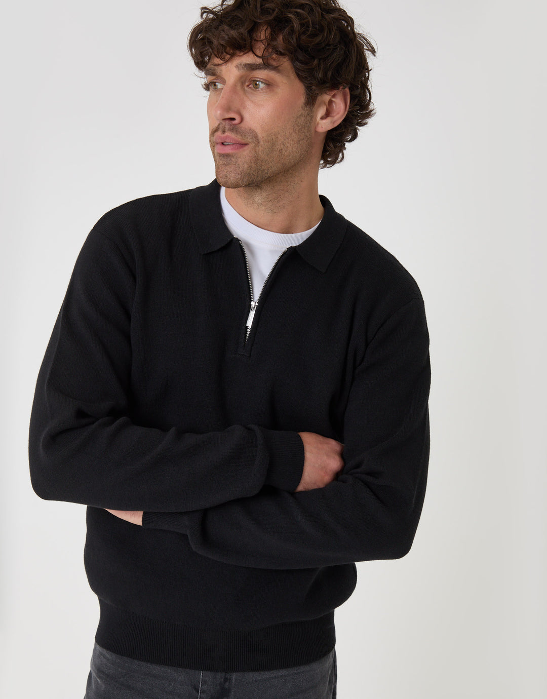 Threadbare Cotton Rich Quarter Zip Long Sleeve Polo in Black - front view