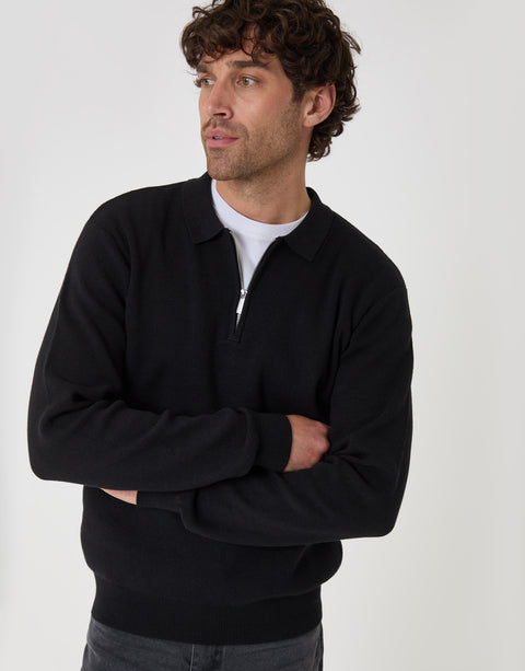 Threadbare Cotton Rich Quarter Zip Long Sleeve Polo in Black - front view