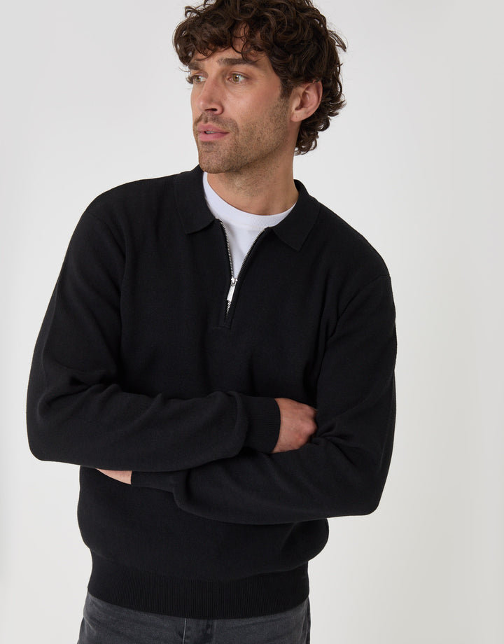 Threadbare Cotton Rich Quarter Zip Long Sleeve Polo in Black - front view