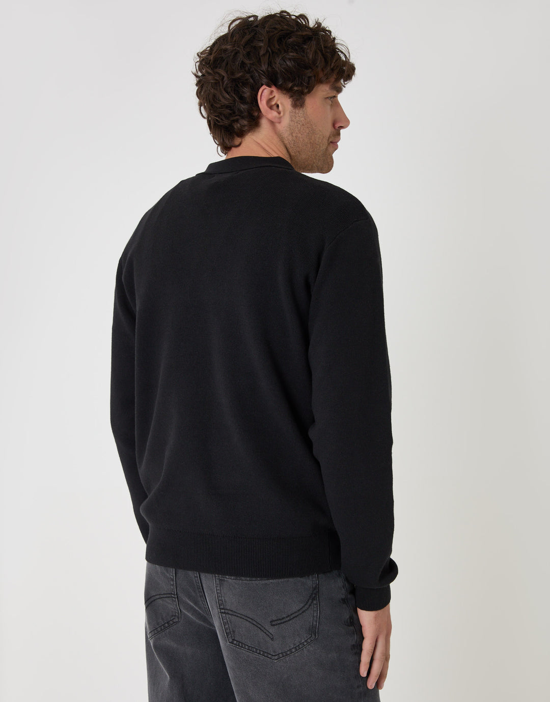 Threadbare Cotton Rich Quarter Zip Long Sleeve Polo in Black - back view