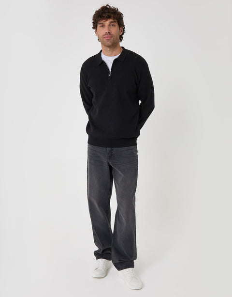 Threadbare Cotton Rich Quarter Zip Long Sleeve Polo in Black - full body