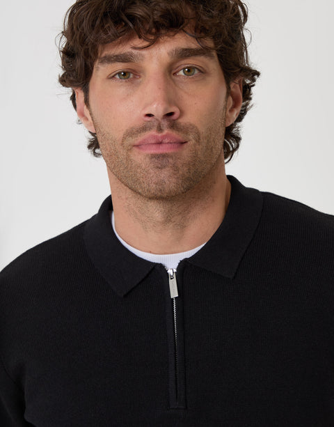 Threadbare Cotton Rich Quarter Zip Long Sleeve Polo in Black - close up