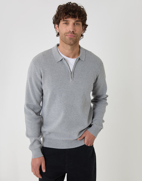 Threadbare Cotton Rich Quarter Zip Long Sleeve Polo in Grey Marl - front view
