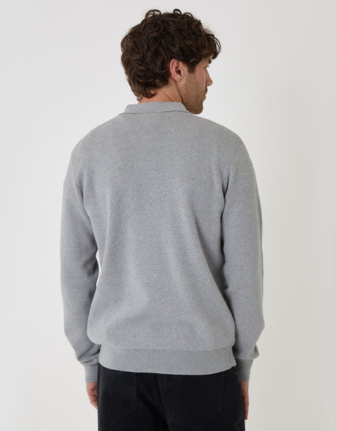 Threadbare Cotton Rich Quarter Zip Long Sleeve Polo in Grey Marl - back view