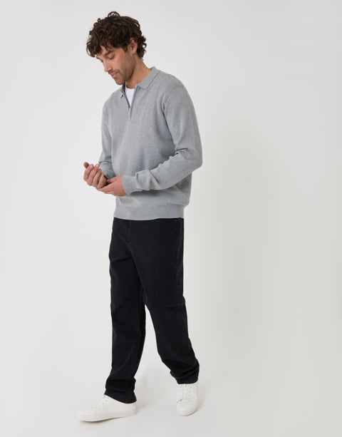 Threadbare Cotton Rich Quarter Zip Long Sleeve Polo in Grey Marl - full body