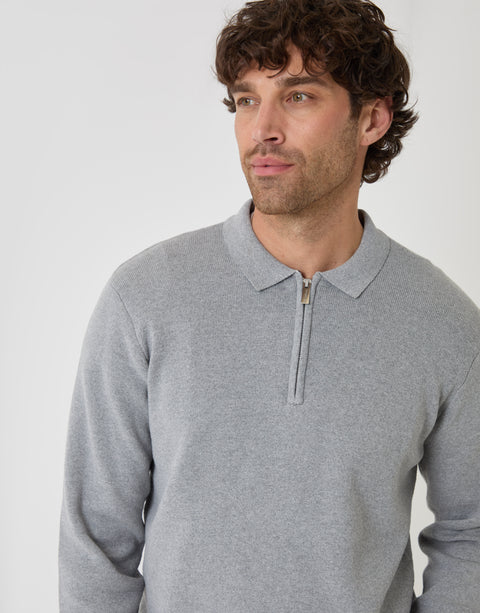 Threadbare Cotton Rich Quarter Zip Long Sleeve Polo in Grey Marl - close up