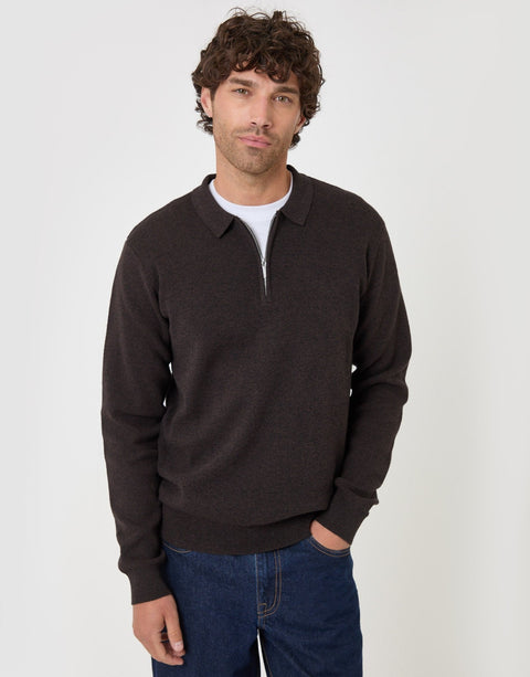 Threadbare Cotton Rich Quarter Zip Long Sleeve Polo in Chocolate Brown - front view