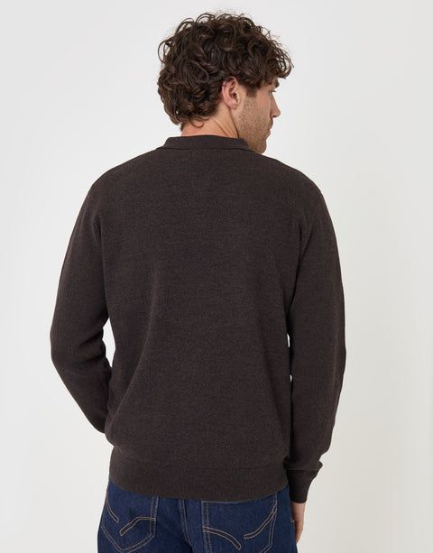 Threadbare Cotton Rich Quarter Zip Long Sleeve Polo in Chocolate Brown - back view