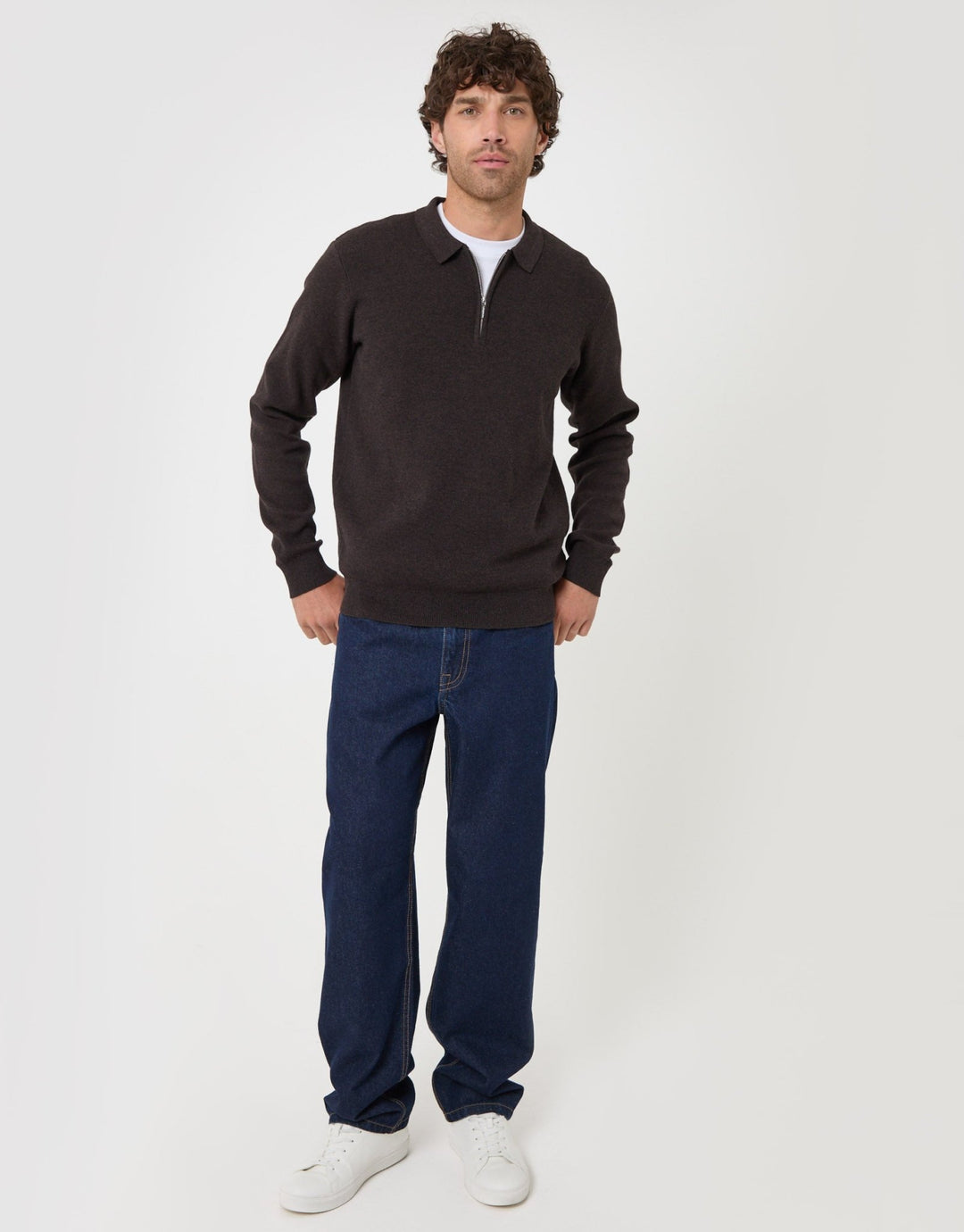 Threadbare Cotton Rich Quarter Zip Long Sleeve Polo in Chocolate Brown - full body
